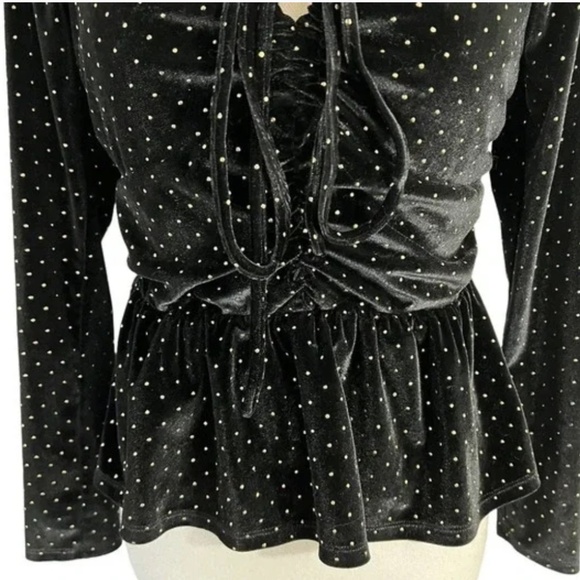 Aqua Black Velour Peplum Blouse Size S Gold Studs Keyhole Long Sleeves Cocktail - Picture 6 of 9